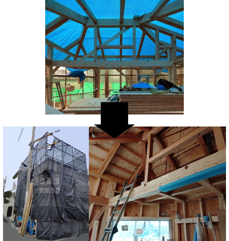 ブルーシートは外され、屋根や外壁が付けられ建物らしく